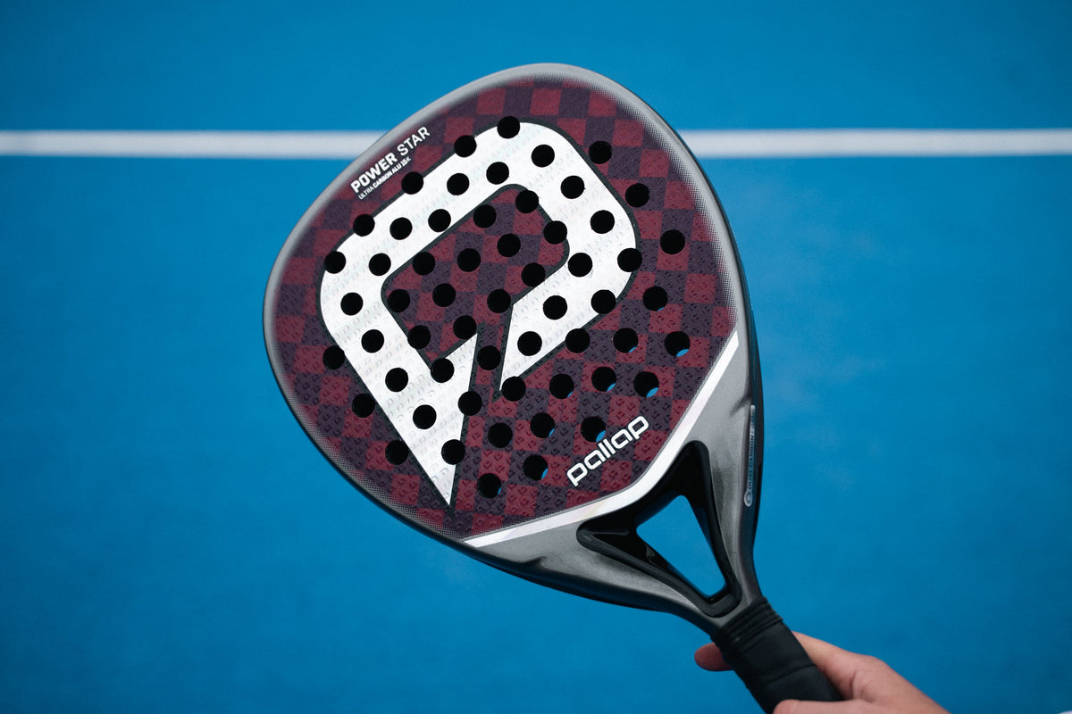 Pallap Power Star padel racket held over a blue court