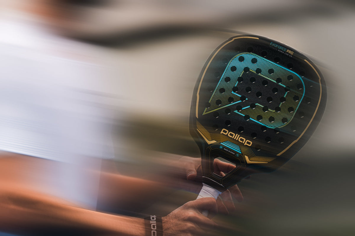 Close-up of a Pallap EvoFORCE padel racket in motion